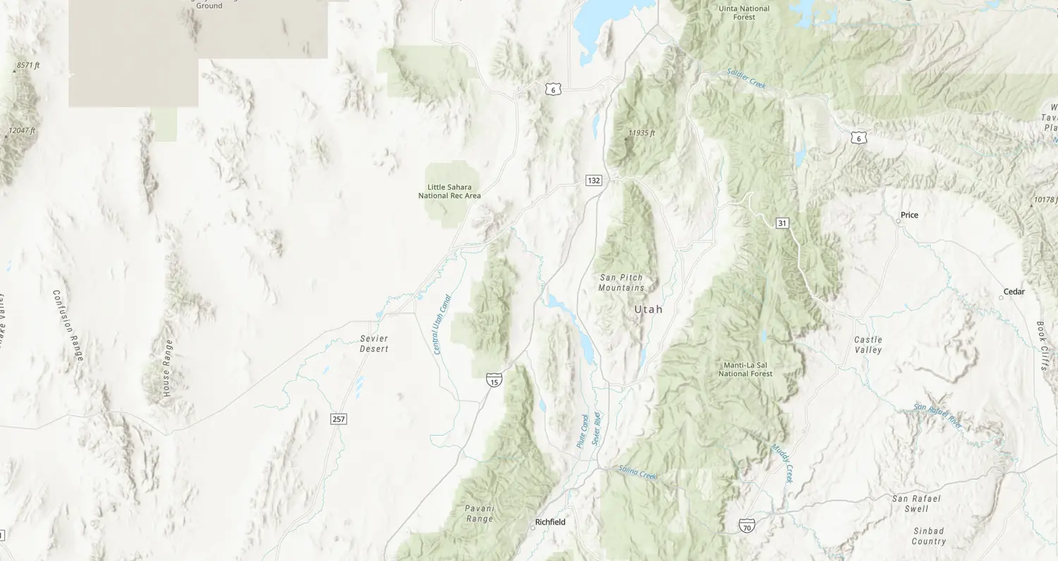 Terrain map of the San Pitch Mountains and Sanpete County region of central Utah